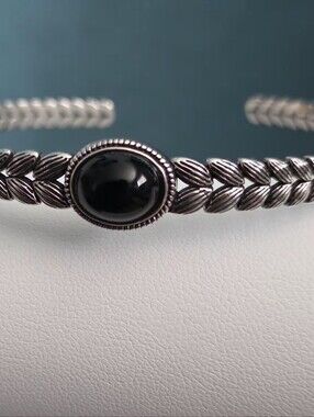 s925 sterling silver black onyx style cuff bracelet adjustable